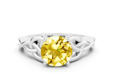 White gold Round Cut Yellow Sapphire Solitaire Engagement Ring with Celtic Knot Band and Four-Prong Setting_24