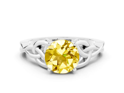 White gold Round Cut Yellow Sapphire Solitaire Engagement Ring with Celtic Knot Band and Four-Prong Setting_24