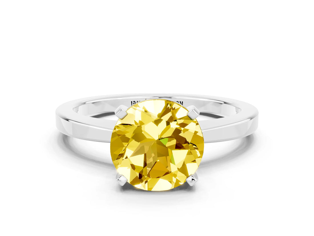 White gold Round Cut Yellow Sapphire Solitaire Engagement Ring with Classic Band and Four-Prong Setting_68