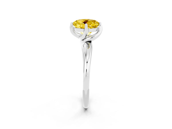 Platinum Round Cut Yellow Sapphire Solitaire Engagement Ring with Four-Prong Setting and Classic Band