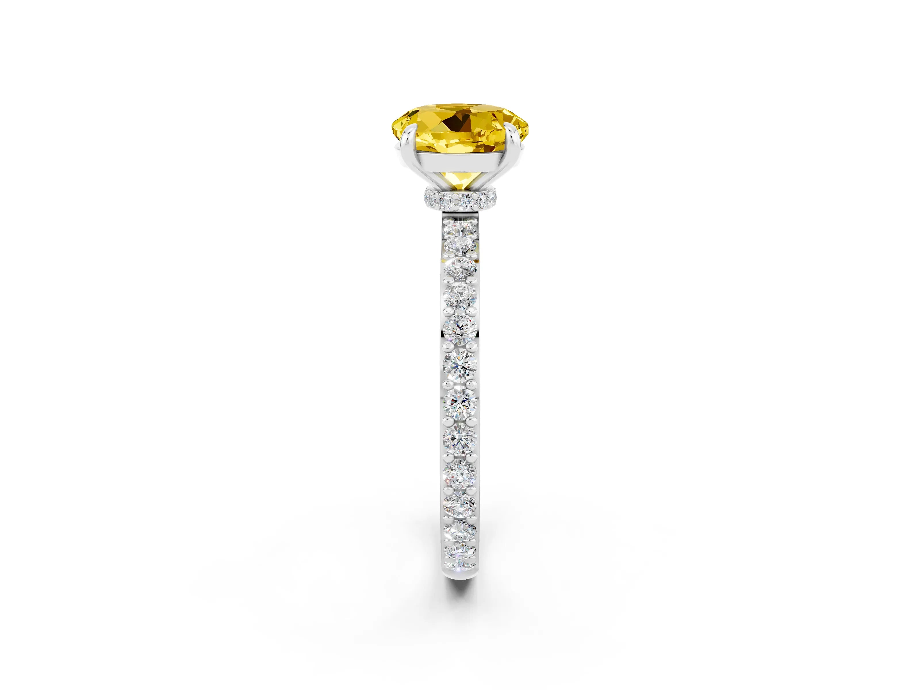White gold Round Cut Yellow Sapphire Solitaire Engagement Ring with Pavé Band and Four-Prong Setting_26