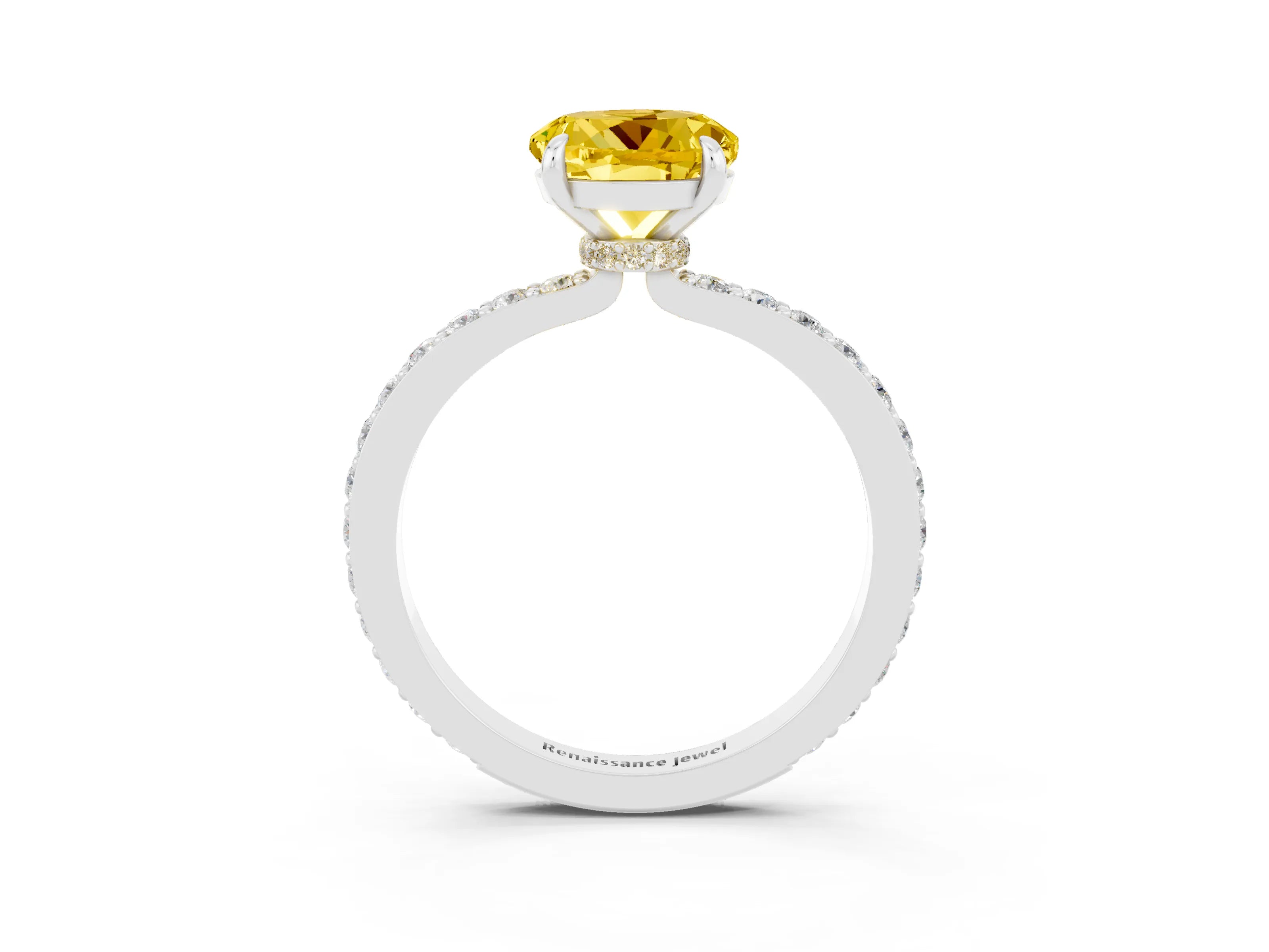 White gold Round Cut Yellow Sapphire Solitaire Engagement Ring with Pavé Band and Four-Prong Setting_27