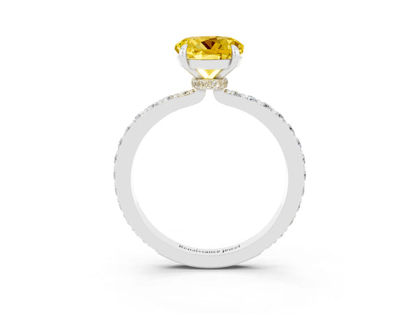 White gold Round Cut Yellow Sapphire Solitaire Engagement Ring with Pavé Band and Four-Prong Setting