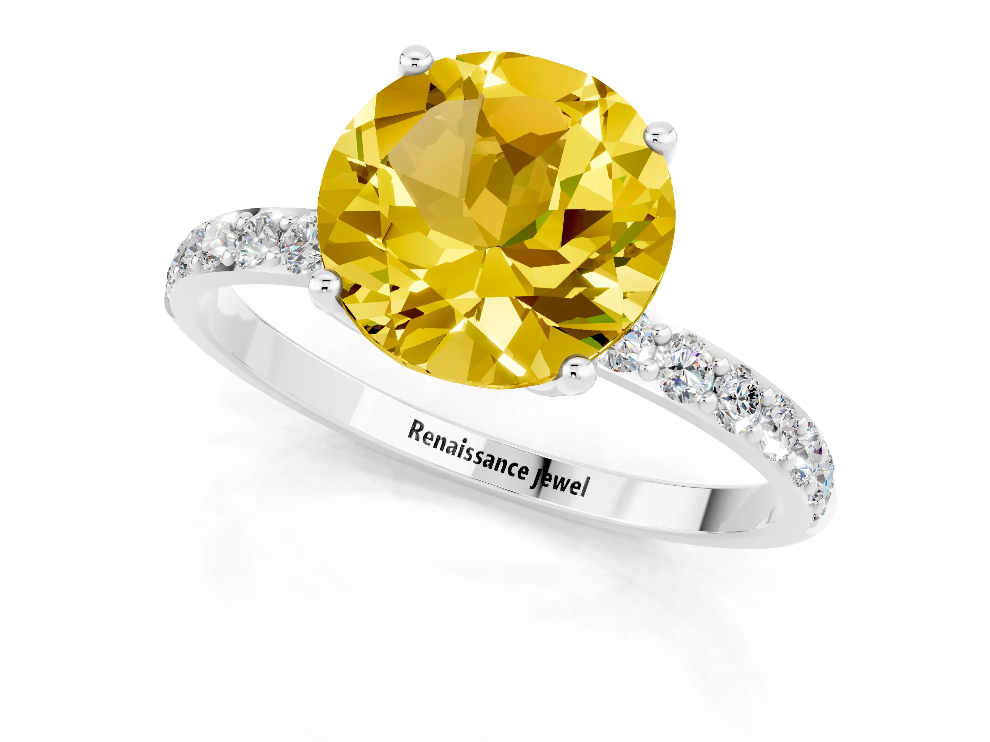 White gold Round Cut Yellow Sapphire Solitaire Engagement Ring with Pavé Band and Prong Setting_1