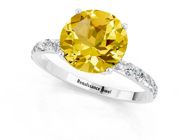 White gold Round Cut Yellow Sapphire Solitaire Engagement Ring with Round  Pavé Band and Prong Setting