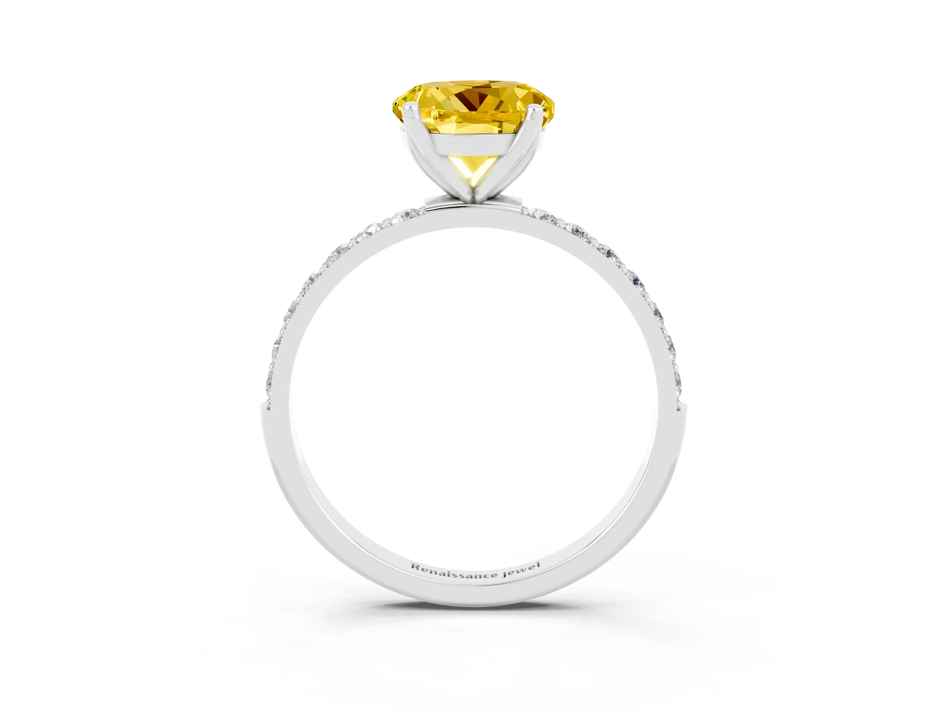 White gold Round Cut Yellow Sapphire Solitaire Engagement Ring with Pavé Band and Prong Setting_3