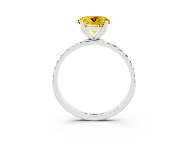 Silver Round Cut Yellow Sapphire Solitaire Engagement Ring with Round  Pavé Band and Prong Setting