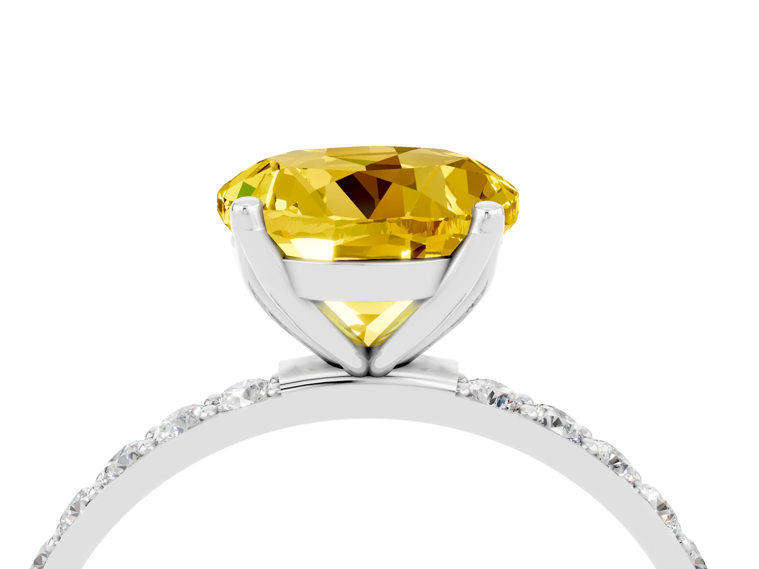 White gold Round Cut Yellow Sapphire Solitaire Engagement Ring with Pavé Band and Prong Setting_4