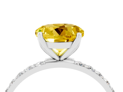 White gold Round Cut Yellow Sapphire Solitaire Engagement Ring with Pavé Band and Prong Setting_4