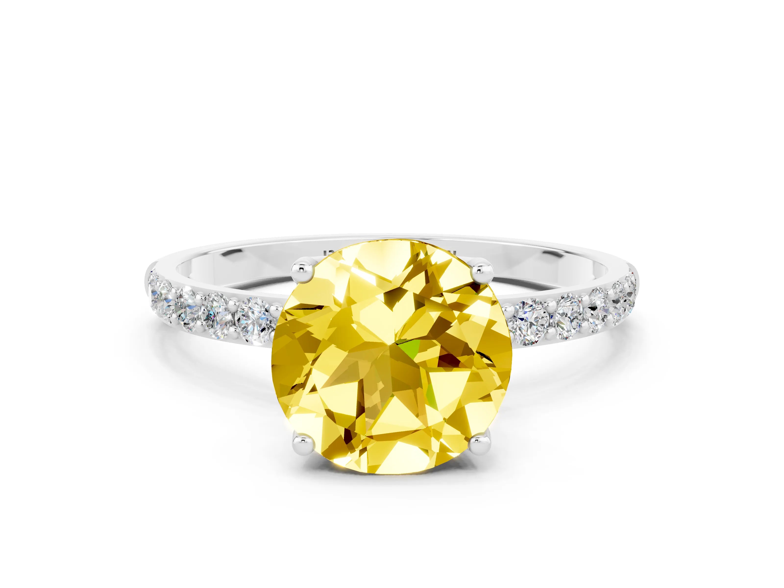 White gold Round Cut Yellow Sapphire Solitaire Engagement Ring with Pavé Band and Prong Setting