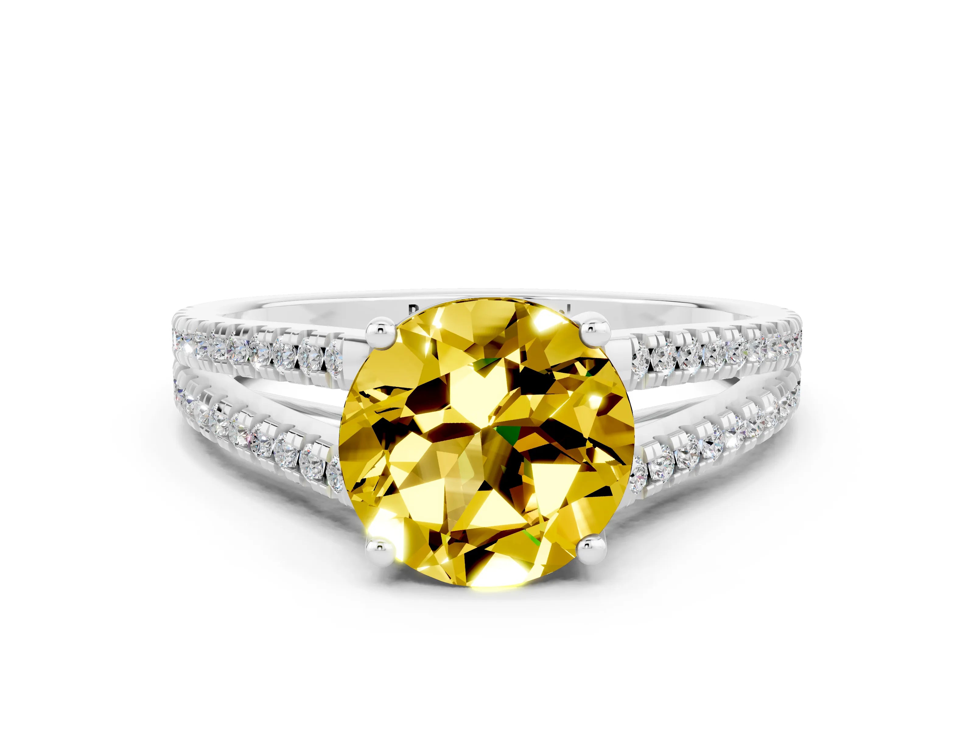 White gold Round Cut Yellow Sapphire Solitaire Engagement Ring with Split Shank Pavé Band_12