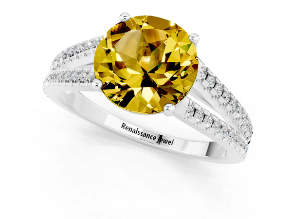 Platinum Round Cut Yellow Sapphire Solitaire Engagement Ring with Split Shank Pavé Band