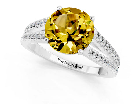 White gold Round Cut Yellow Sapphire Solitaire Engagement Ring with Split Shank Pavé Band_13