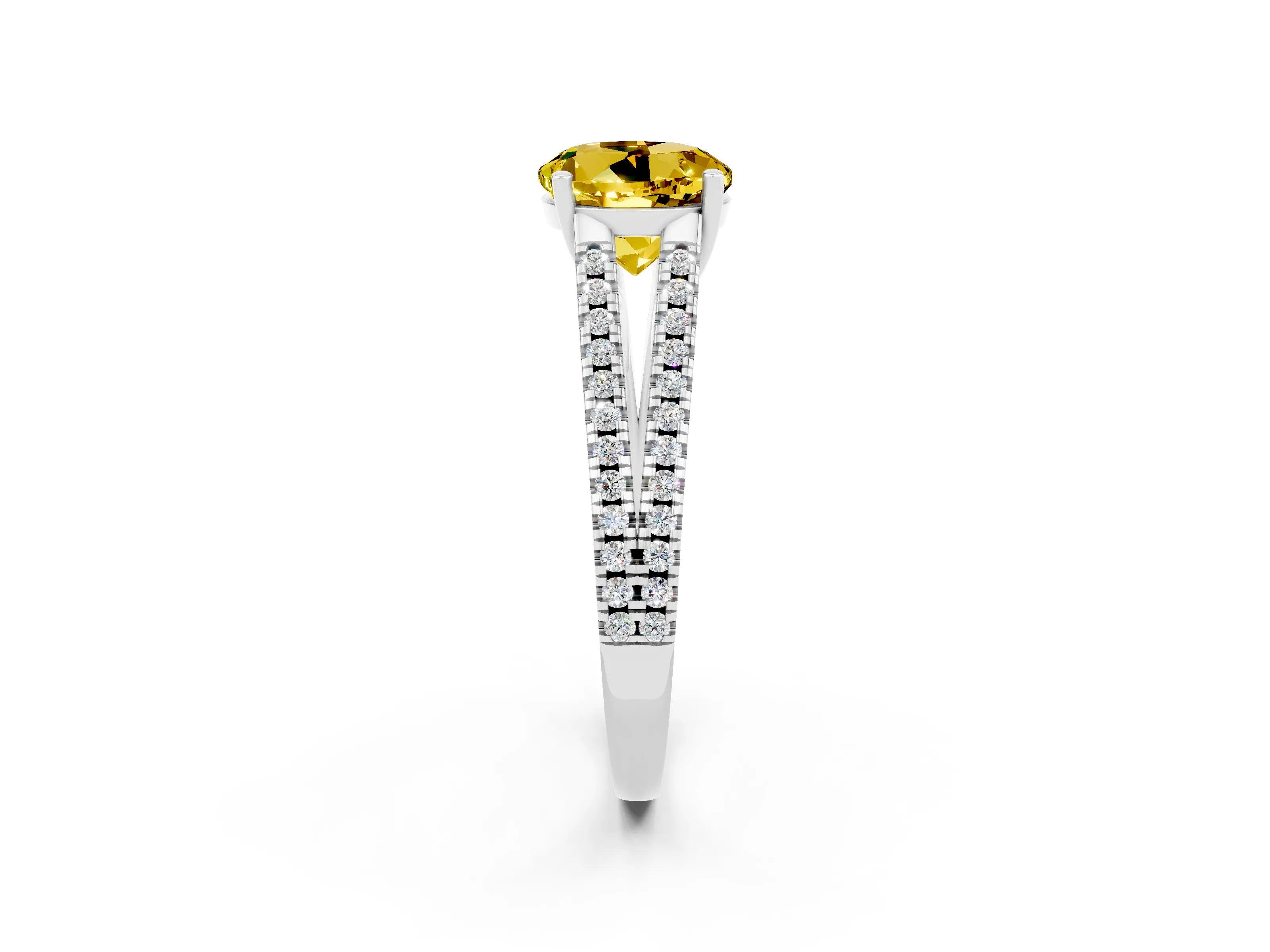White gold Round Cut Yellow Sapphire Solitaire Engagement Ring with Split Shank Pavé Band_14
