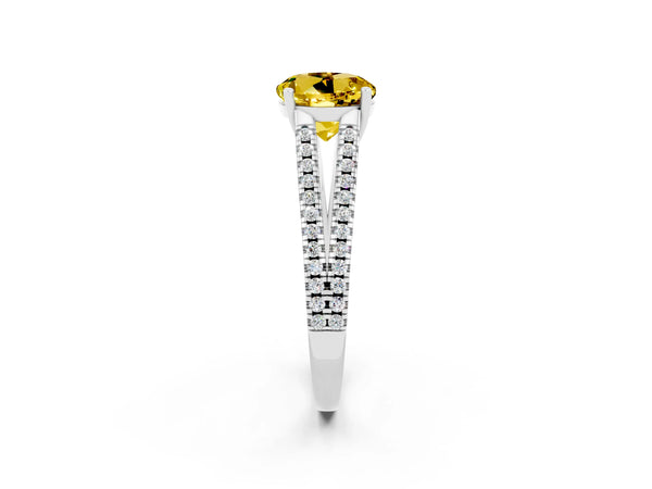 White gold Round Cut Yellow Sapphire Solitaire Engagement Ring with Split Shank Pavé Band