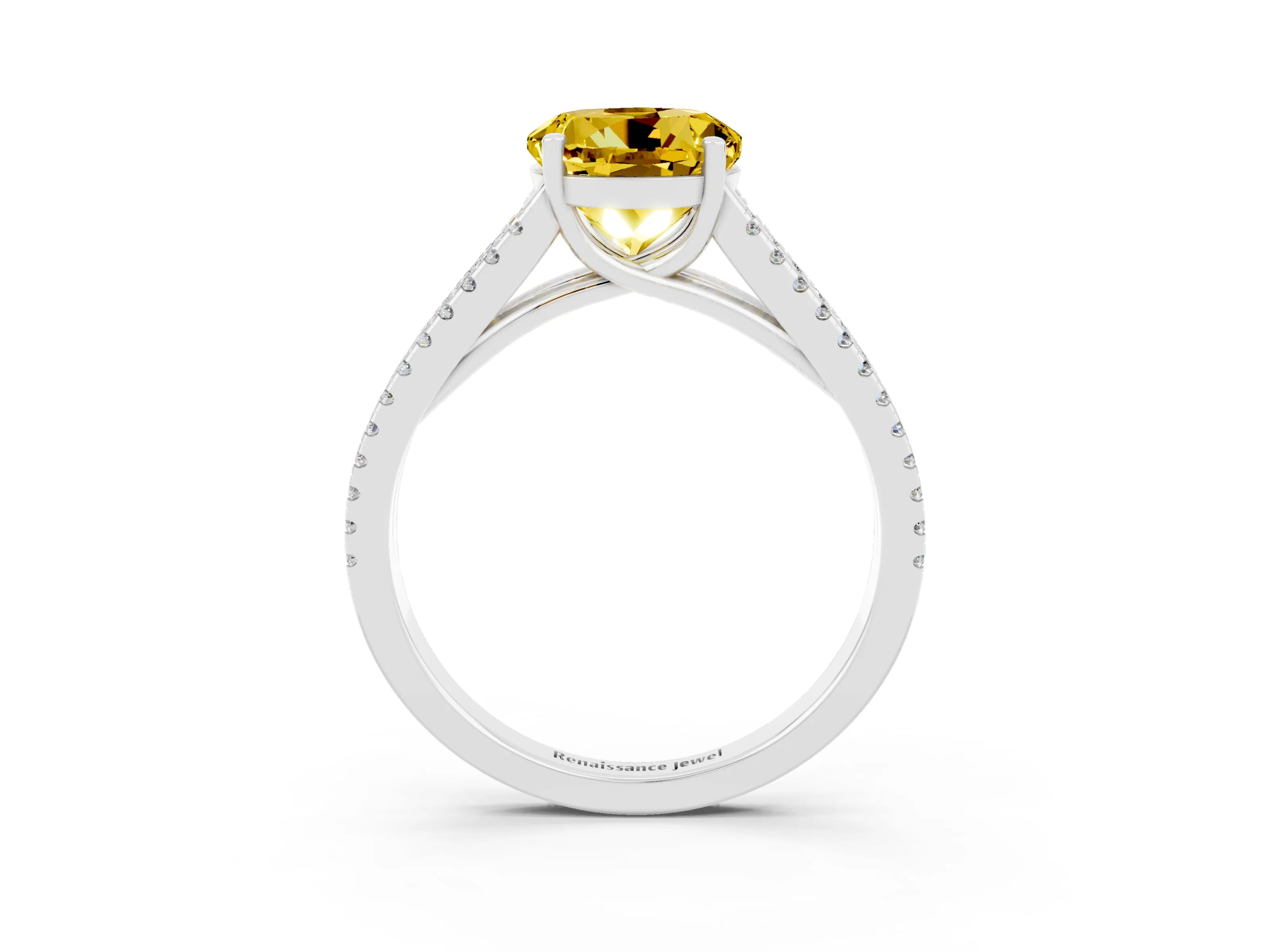 White gold Round Cut Yellow Sapphire Solitaire Engagement Ring with Split Shank Pavé Band_15