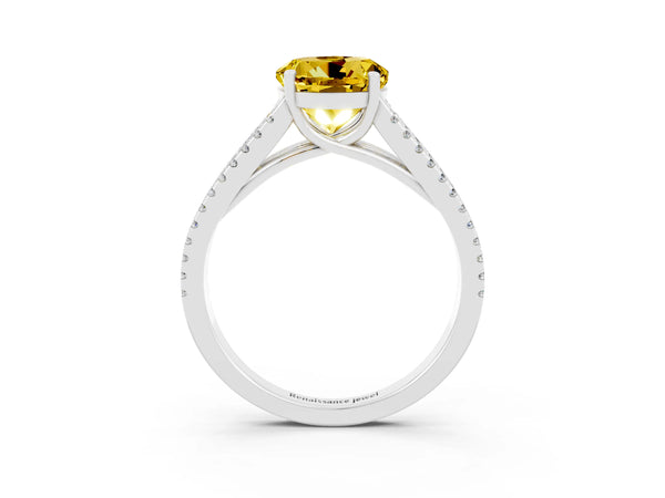 White gold Round Cut Yellow Sapphire Solitaire Engagement Ring with Split Shank Pavé Band