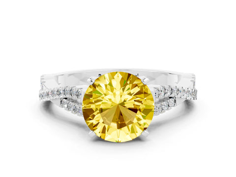 White gold Round Cut Yellow Sapphire Solitaire Engagement Ring with Twisted Pavé Band and Four-Prong Setting_12