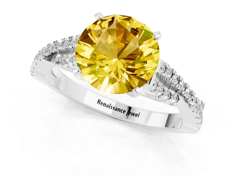 White gold Round Cut Yellow Sapphire Solitaire Engagement Ring with Twisted Pavé Band and Four-Prong Setting_13