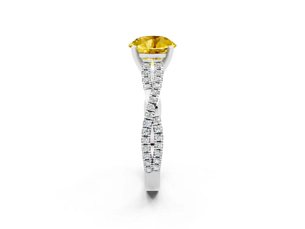 White gold Round Cut Yellow Sapphire Solitaire Engagement Ring with Twisted Pavé Band and Four-Prong Setting
