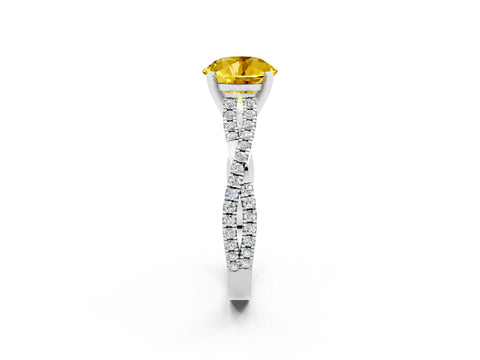White gold Round Cut Yellow Sapphire Solitaire Engagement Ring with Twisted Pavé Band and Four-Prong Setting_14