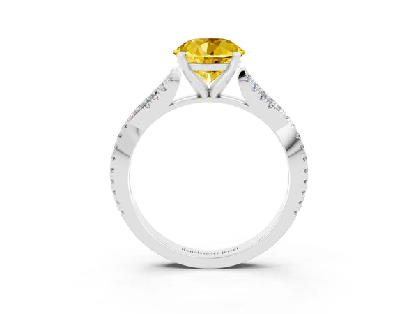 White gold Round Cut Yellow Sapphire Solitaire Engagement Ring with Twisted Pavé Band and Four-Prong Setting