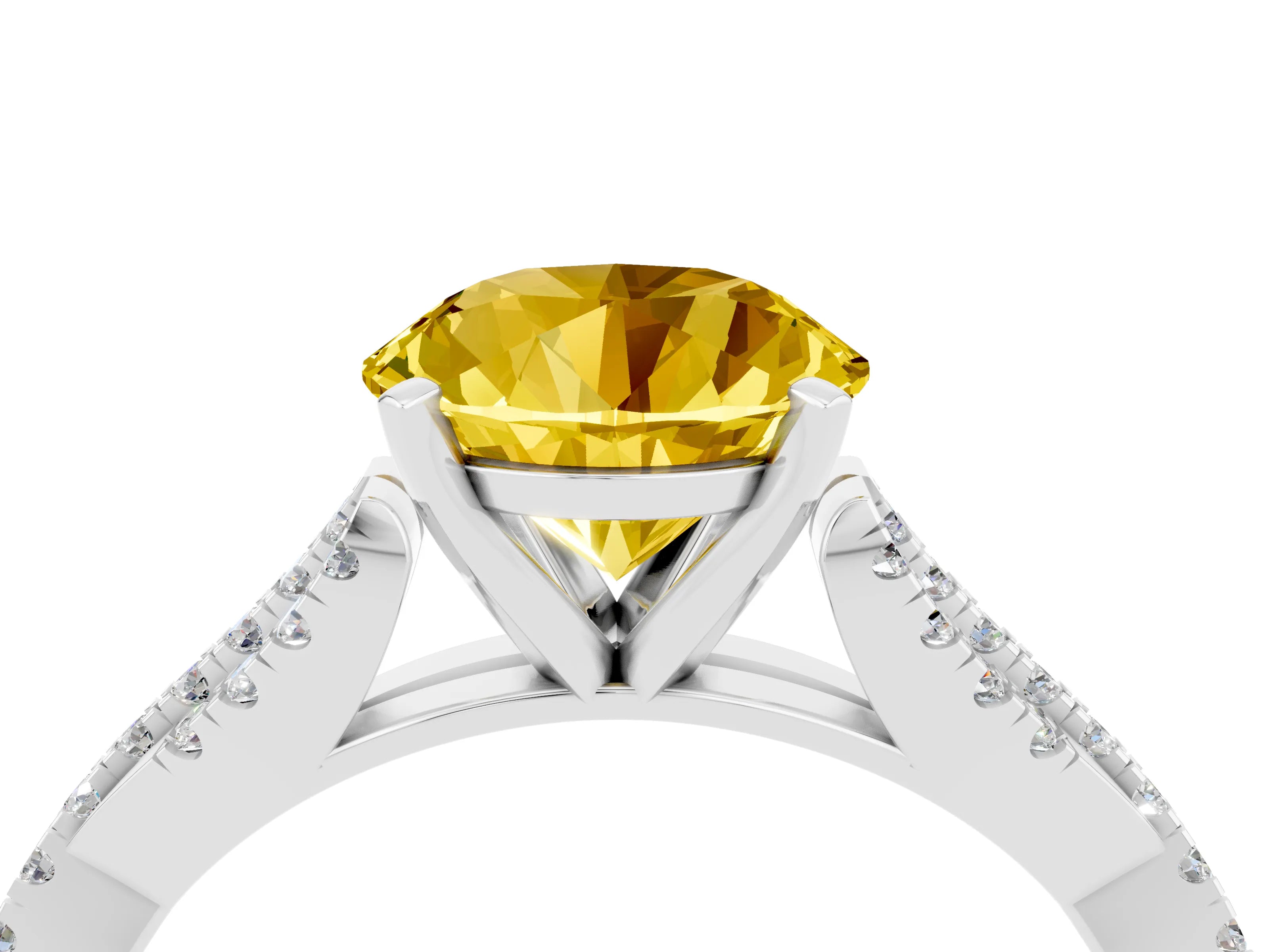 White gold Round Cut Yellow Sapphire Solitaire Engagement Ring with Twisted Pavé Band and Four-Prong Setting_16