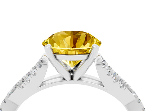 White gold Round Cut Yellow Sapphire Solitaire Engagement Ring with Twisted Pavé Band and Four-Prong Setting_16