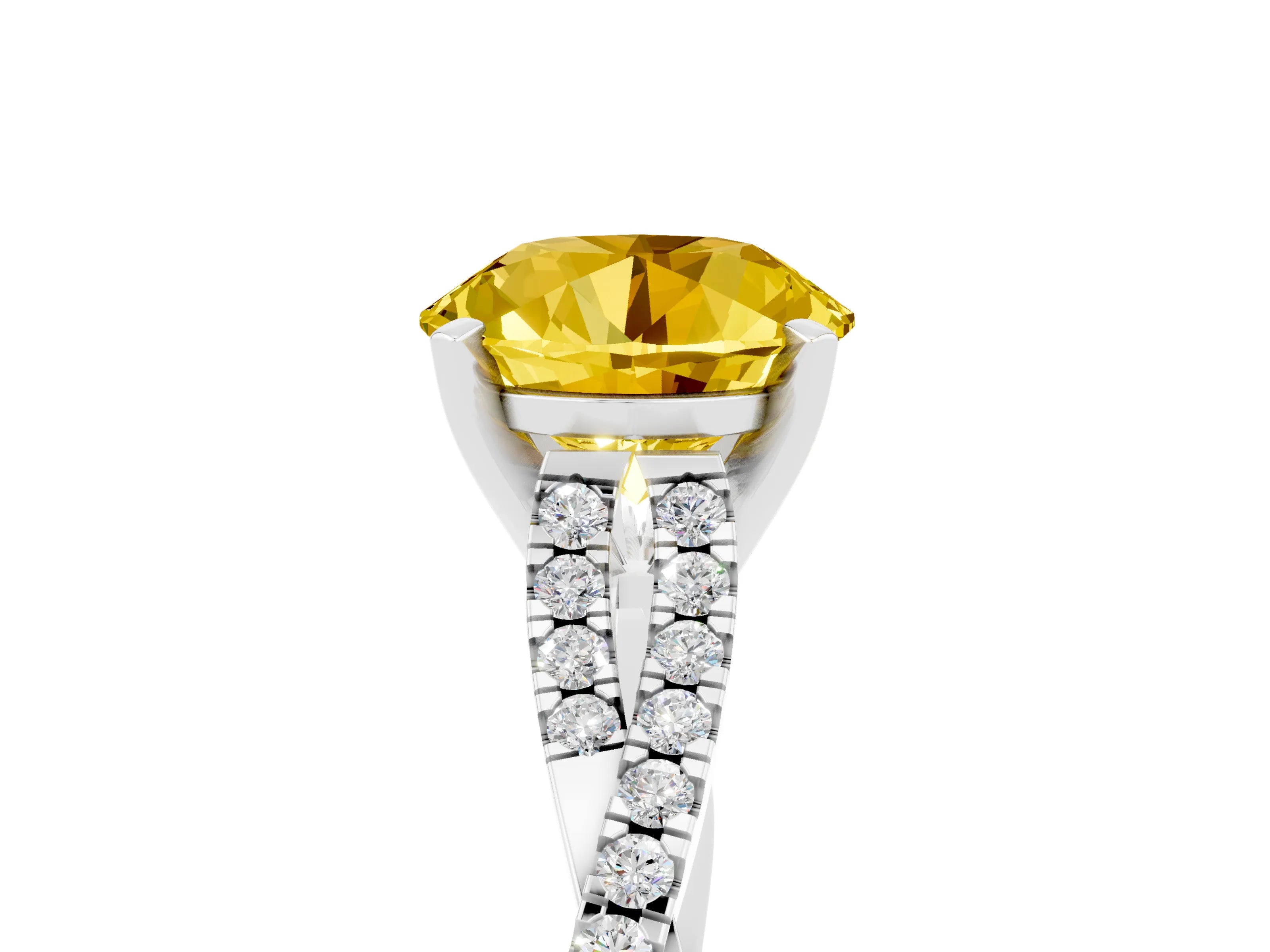 White gold Round Cut Yellow Sapphire Solitaire Engagement Ring with Twisted Pavé Band and Four-Prong Setting_17