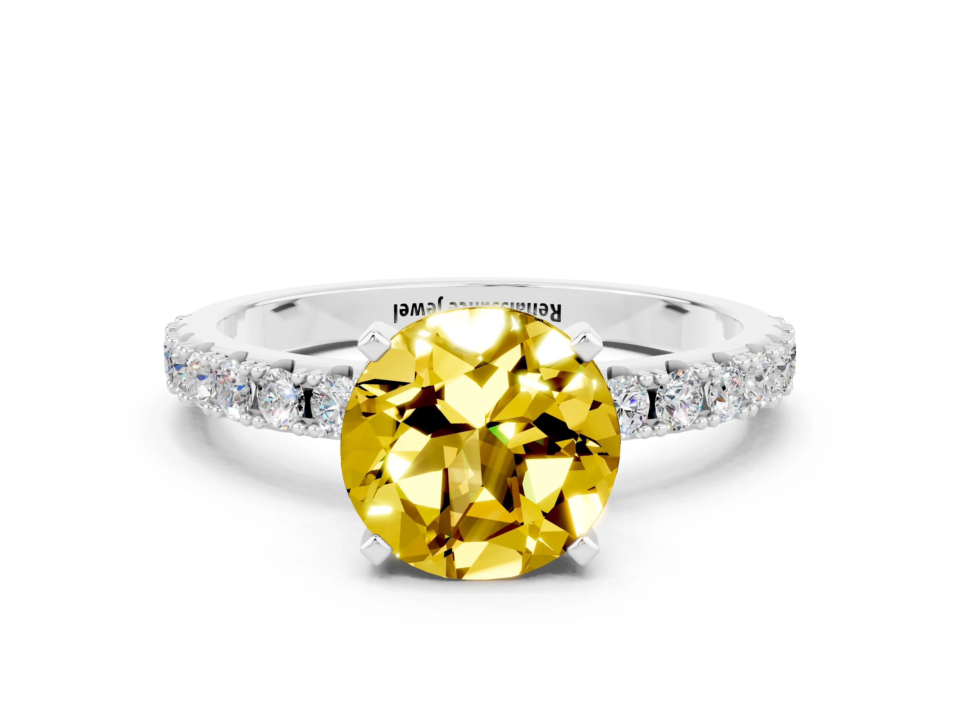 White gold Round Cut Yellow Sapphire Solitaire Pavé Band with Four-Prong Setting_24
