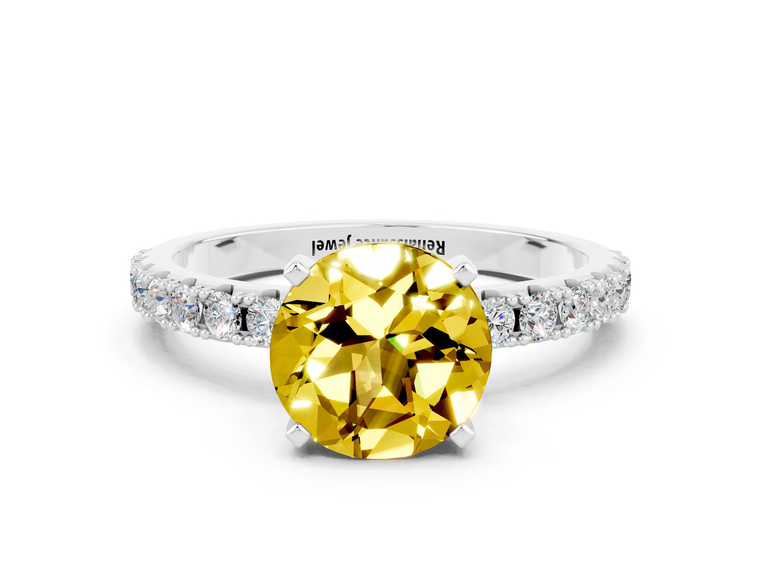 White gold Round Cut Yellow Sapphire Solitaire Pavé Band with Four-Prong Setting_24
