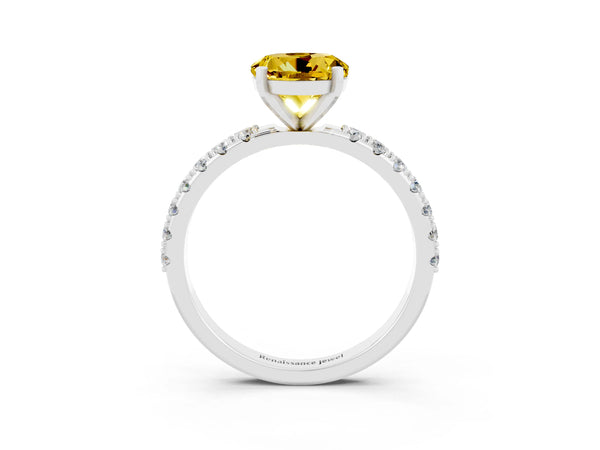 Platinum Round Cut Yellow Sapphire Solitaire Pavé Band with Four-Prong Setting