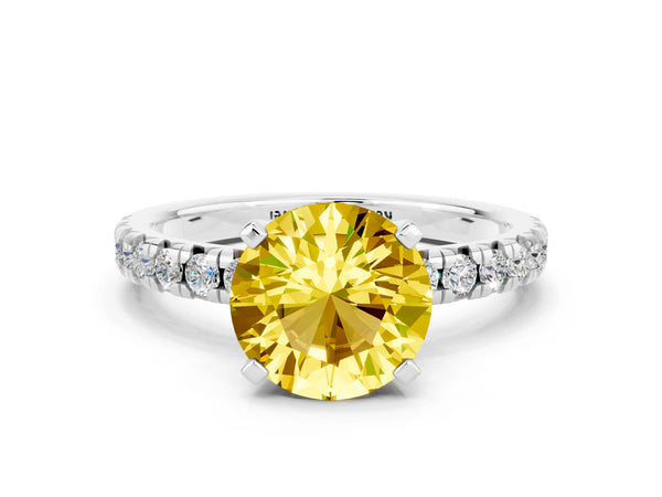 Platinum Round Cut Yellow Sapphire Solitaire Pavé Engagement Ring with Round Band and Prong Setting