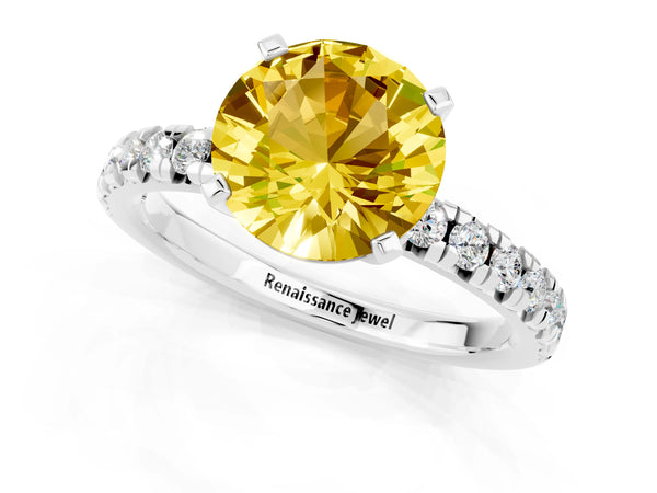 Silver Round Cut Yellow Sapphire Solitaire Pavé Engagement Ring with Round Band and Prong Setting