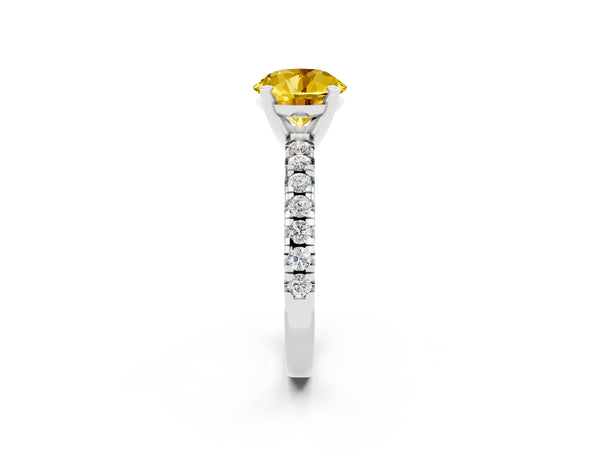 Silver Round Cut Yellow Sapphire Solitaire Pavé Engagement Ring with Round Band and Prong Setting