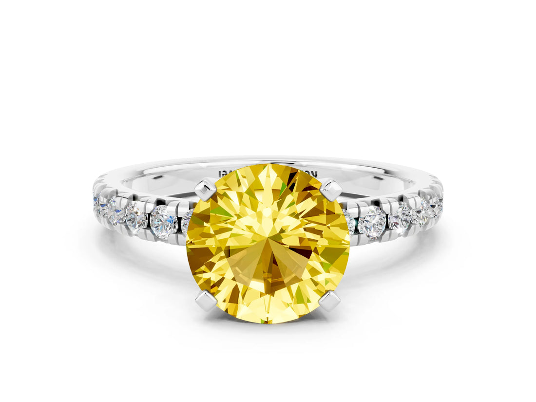 White gold Round Cut Yellow Sapphire Solitaire Pavé Engagement Ring with Round Band and Prong Setting_78