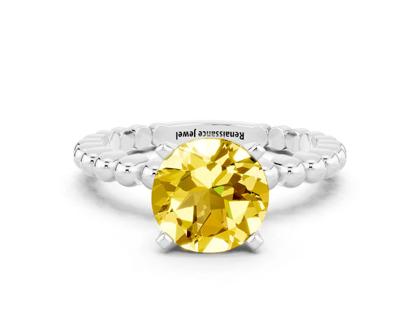 Silver Round Cut Yellow Sapphire Solitaire Ring with Beaded Band and Prong Setting