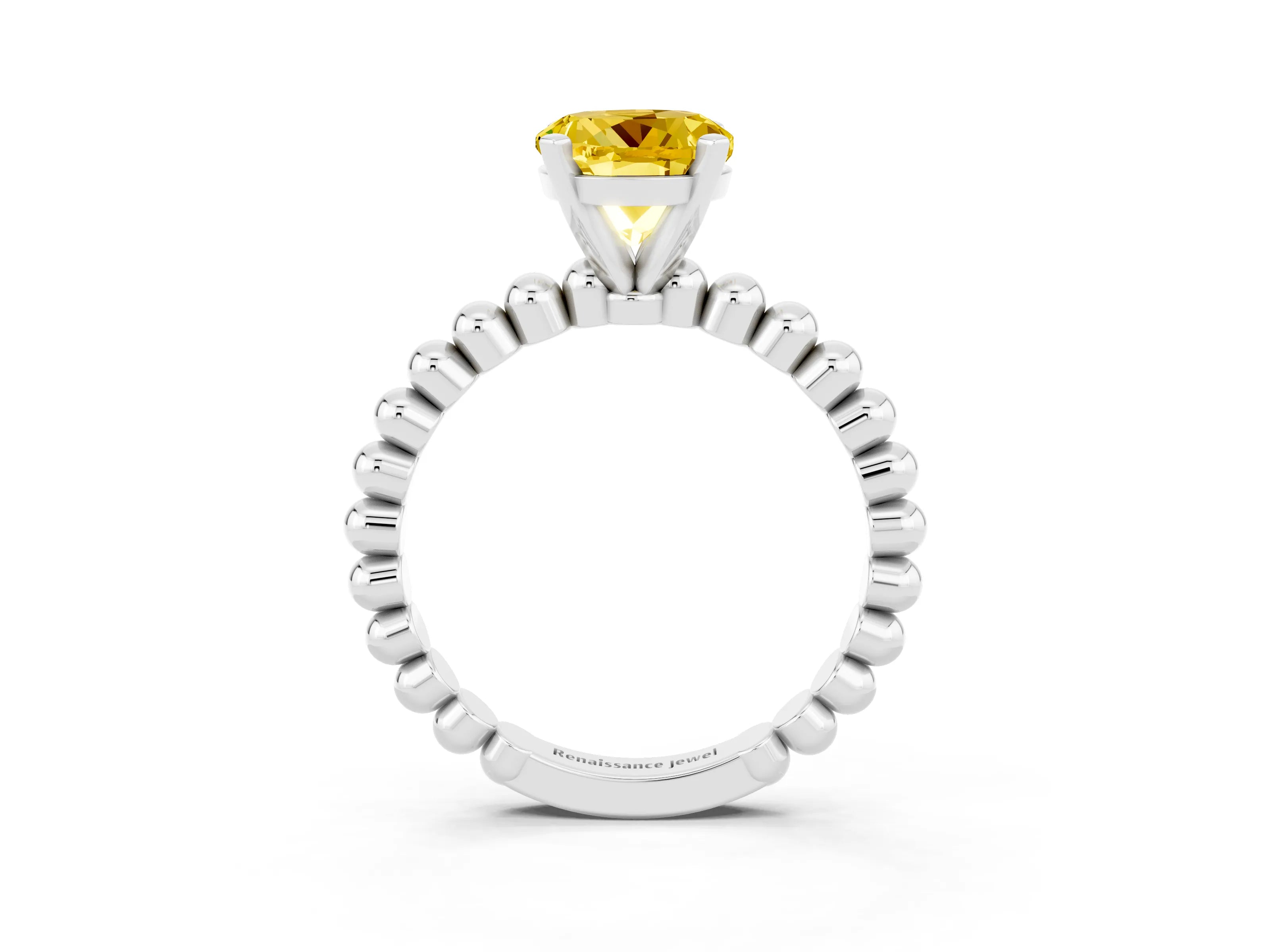 White gold Round Cut Yellow Sapphire Solitaire Ring with Beaded Band and Prong Setting_15