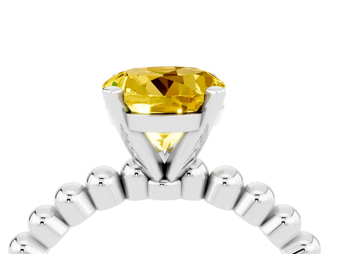 White gold Round Cut Yellow Sapphire Solitaire Ring with Beaded Band and Prong Setting_16