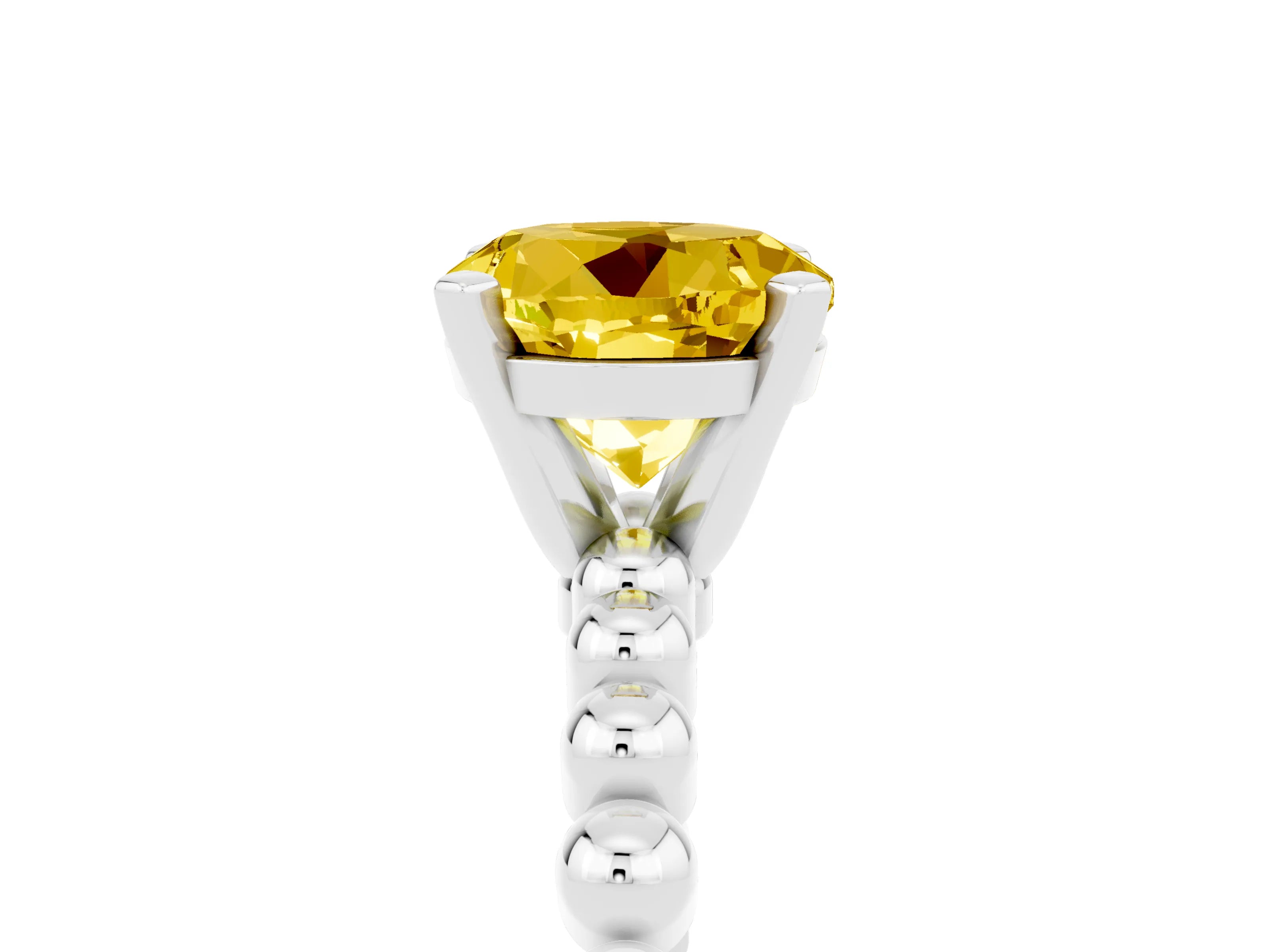 White gold Round Cut Yellow Sapphire Solitaire Ring with Beaded Band and Prong Setting_17