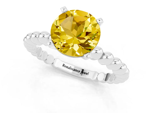 White gold Round Cut Yellow Sapphire Solitaire Ring with Beaded Band and Prong Setting_1