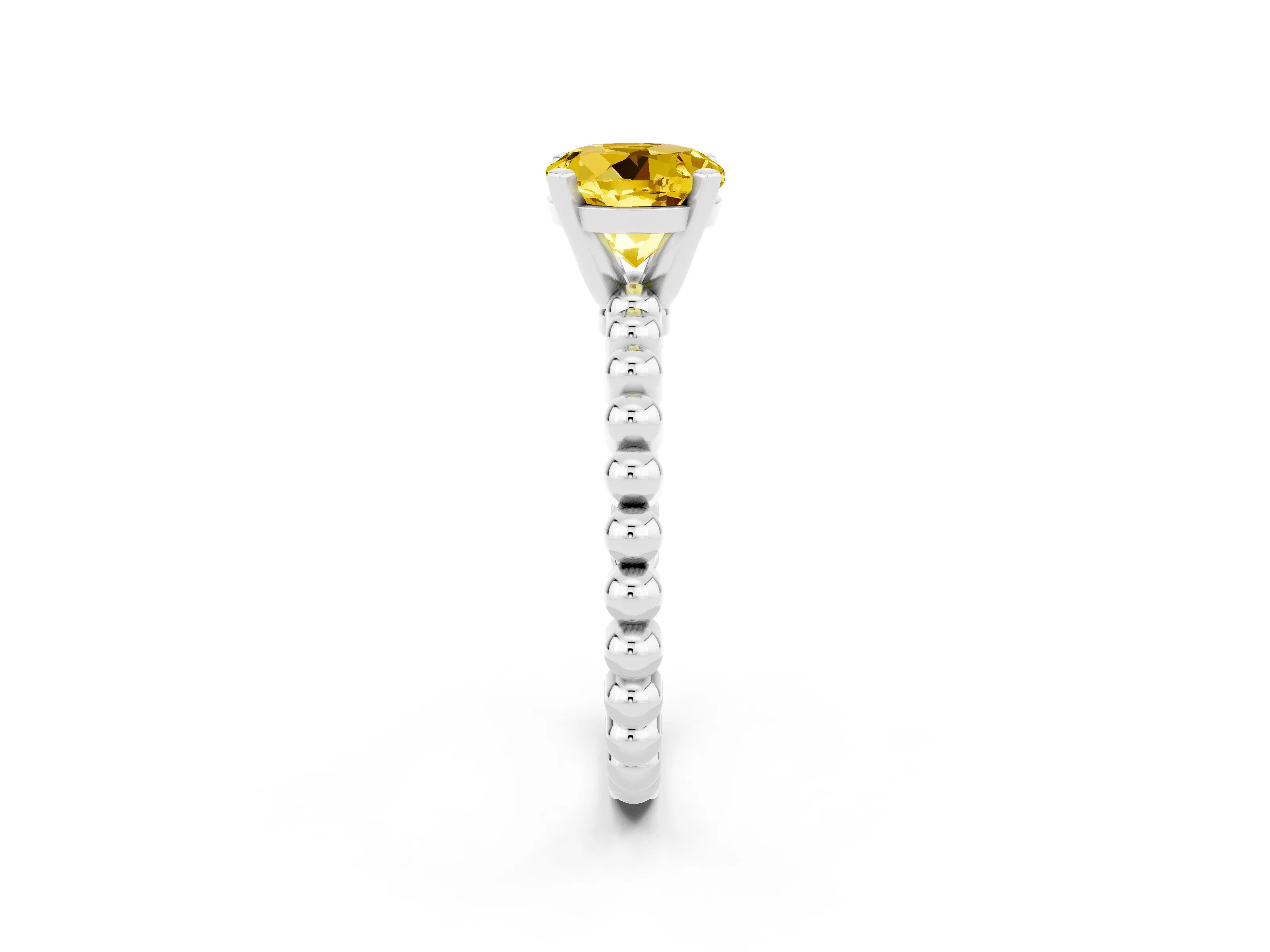 White gold Round Cut Yellow Sapphire Solitaire Ring with Beaded Band and Prong Setting_2