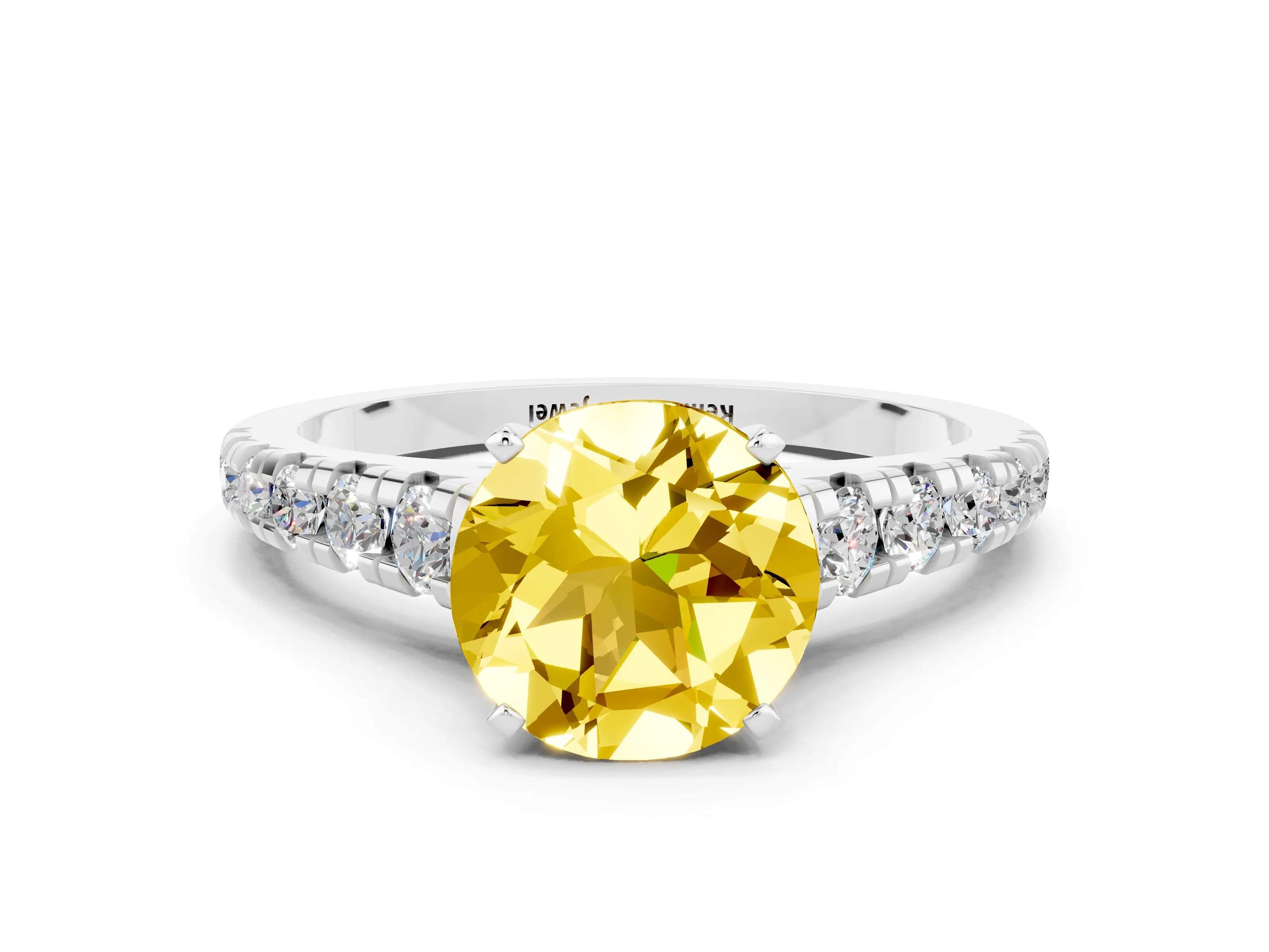 White gold Round Cut Yellow Sapphire Solitaire Ring with Cathedral Setting and Pavé Band_24