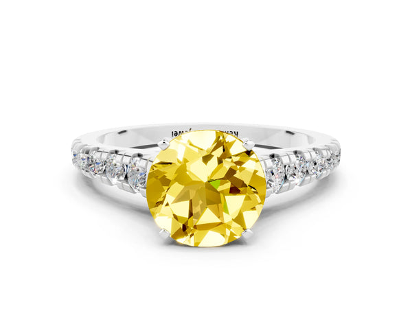 Platinum Round Cut Yellow Sapphire Cathedral Solitaire Ring with Round  Pavé Band