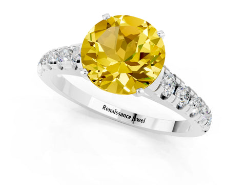 White gold Round Cut Yellow Sapphire Solitaire Ring with Cathedral Setting and Pavé Band_25