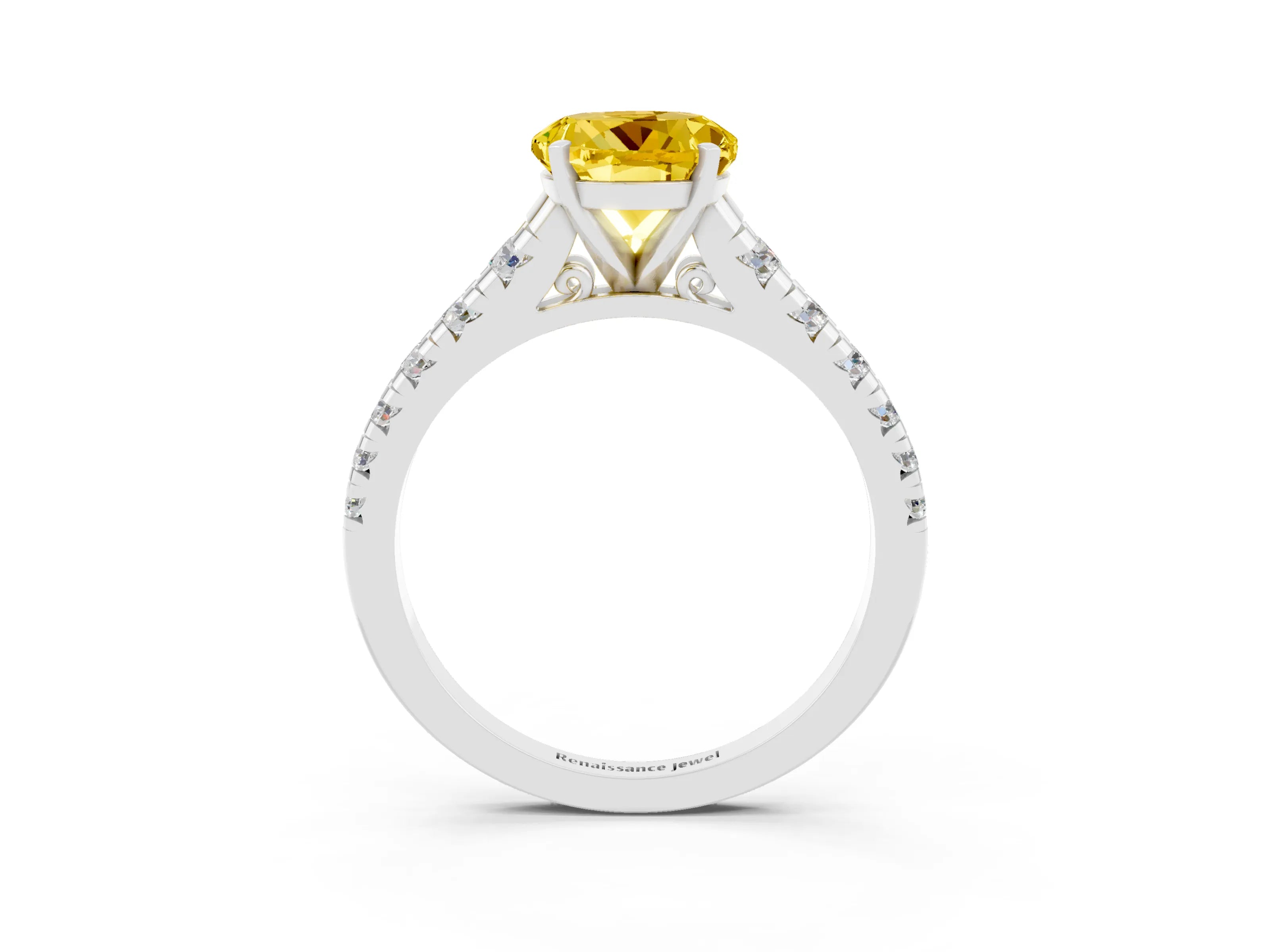 White gold Round Cut Yellow Sapphire Solitaire Ring with Cathedral Setting and Pavé Band_27