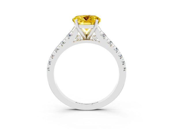 White gold Round Cut Yellow Sapphire Cathedral Solitaire Ring with Round  Pavé Band