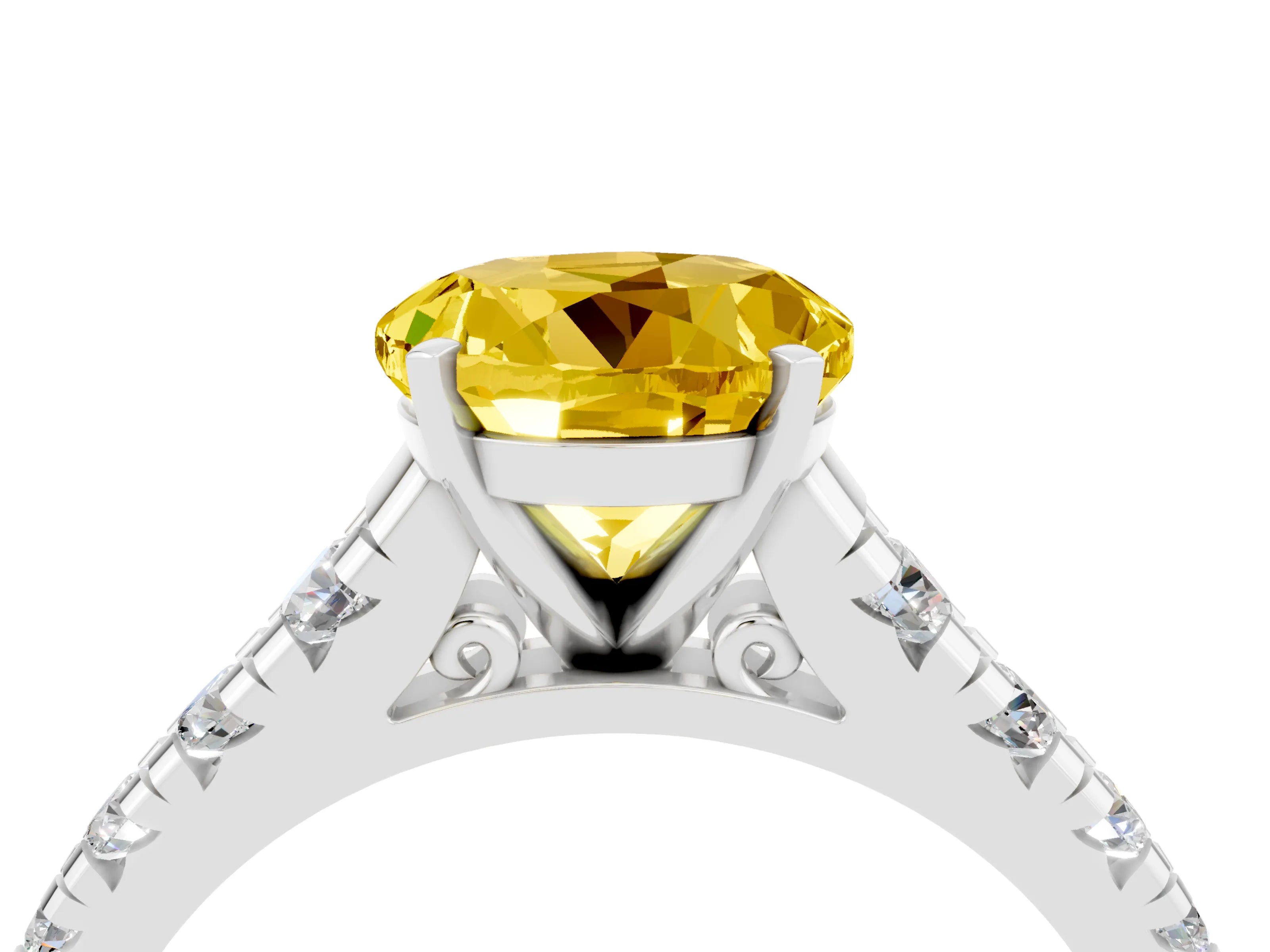 White gold Round Cut Yellow Sapphire Solitaire Ring with Cathedral Setting and Pavé Band_28