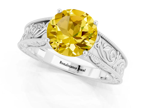 White gold Round Cut Yellow Sapphire Solitaire Ring with Engraved Band and Four-Prong Setting_1