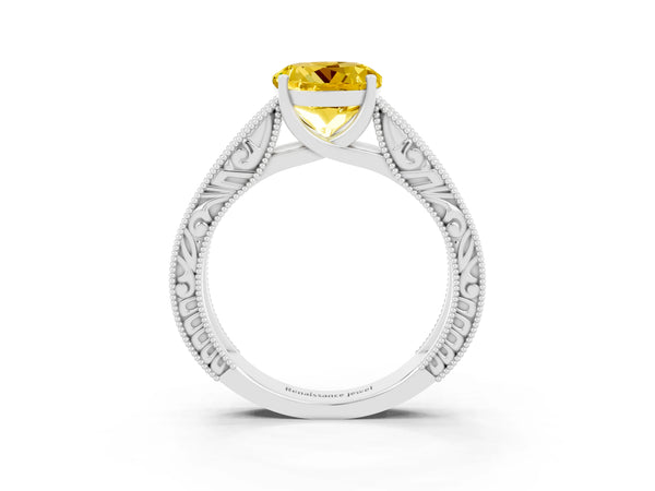 White gold Round Cut Yellow Sapphire Solitaire Ring with Engraved Band and Four-Prong Setting